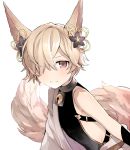  1boy animal_ears backless_outfit blonde_hair blush collar erune fox_ears granblue_fantasy hair_ornament hair_over_one_eye kou_(granblue_fantasy) large_tail long_hair looking_at_viewer male_focus miyashirorin off_shoulder red_eyes tail 