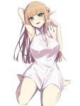  1girl bangs bare_shoulders blonde_hair blush braid breasts commentary_request elf elfenlied22 eyebrows_visible_through_hair green_eyes highres kneeling large_breasts long_hair long_pointy_ears looking_at_viewer original pointy_ears shirt simple_background smile solo striped striped_shirt upper_teeth white_background white_shirt 
