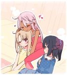  3girls bare_arms bare_shoulders black_hair blonde_hair blue_scrunchie blush chloe_von_einzbern closed_eyes commentary dark_skin eyebrows_visible_through_hair eyes_visible_through_hair fate/kaleid_liner_prisma_illya fate_(series) hair_ornament hair_scrunchie hairclip hand_on_another&#039;s_head heart hug hug_from_behind illyasviel_von_einzbern indoors long_hair looking_at_another miyu_edelfelt multiple_girls one_eye_closed outline pajamas pink_eyes pink_hair polka_dot ponytail scrunchie sidelocks sitting smile white_outline yoru_nai yuri 