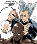  3boys bald choso_giving_toudou_a_haircut_(meme) chougoukin_kurobikari commentary dark-skinned_male dark_skin devovas english_commentary english_text frown garou_(one-punch_man) grey_hair hair_clipper hair_horns holding male_focus meme multiple_boys muscular muscular_male one-punch_man saitama_(one-punch_man) shiny_skin signature smile thought_bubble v-shaped_eyebrows very_dark_skin widow's_peak yellow_eyes 