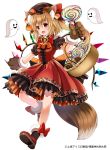  1girl :d animal_ear_fluff animal_ears animal_print ascot banned_artist basket bell black_headwear black_legwear black_shirt blonde_hair blush bow brown_gloves candy center_frills checkerboard_cookie commentary_request cookie crystal fang flandre_scarlet food frilled_skirt frills full_body fur-trimmed_gloves fur_trim ghost gloves hat holding holding_food jingle_bell kemonomimi_mode leopard_print lollipop looking_at_viewer mob_cap official_art open_mouth orange_neckwear paw_gloves paws puffy_short_sleeves puffy_sleeves red_bow red_eyes red_footwear red_skirt red_vest shirt shoes short_sleeves simple_background skirt smile socks solo swirl_lollipop tail touhou vest white_background wings yuuka_nonoko 