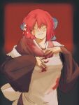  1girl absurdres apron blood blood_on_clothes blue_bow bow bright_pupils commentary english_commentary ezekquel hair_bow highres kohaku_(tsukihime) maid maid_apron medium_hair one_eye_closed red_background red_hair smile solo tsukihime white_apron white_pupils wide_sleeves yellow_eyes 