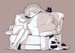  1girl animal bangs bare_legs barefoot black_cat braid calico cat closed_eyes couch envy_(otoca_d&#039;or) full_body hair_ornament leoharju long_hair monochrome no_hat no_headwear on_couch otoca_d&#039;or pillow pillow_hug simple_background sitting sleeping sleeping_upright snoring twin_braids very_long_hair zzz 