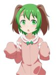  1girl :o animal_ears arms_up cato_(monocatienus) chestnut_mouth collarbone commentary_request eyebrows_visible_through_hair green_eyes green_hair hair_between_eyes jacket kasodani_kyouko light_blush looking_at_viewer open_mouth pink_jacket short_hair simple_background sleeves_past_fingers sleeves_past_wrists solo standing thick_eyebrows touhou upper_body white_background 