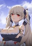 1girl azur_lane bangs bare_shoulders between_breasts black_dress breasts cleavage commentary_request cro_(artist) dress eyebrows_visible_through_hair formidable_(azur_lane) frilled_dress frills hair_ribbon highres large_breasts long_hair looking_at_viewer red_eyes ribbon solo twintails very_long_hair 