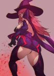  1girl ashiomi_masato ass back backless_dress backless_outfit black_gloves black_sclera blazblue blazblue:_central_fiction blazblue:_cross_tag_battle breasts cape cleavage detached_sleeves dress from_behind from_below gloves hat konoe_a_mercury large_breasts long_hair looking_at_viewer looking_back panties pink_hair purple_dress purple_panties short_dress simple_background solo taut_clothes taut_dress thighhighs underwear wide_sleeves witch_hat yellow_eyes 