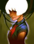  1girl bangs blue_shirt breasts cable closed_mouth collared_shirt commentary dark_skin lips looking_to_the_side medium_breasts neckerchief original red_eyes red_neckwear rejean_dubois shirt short_hair short_sleeves smile solo upper_body white_hair wire 