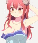  1girl arm_up armpits bangs blue_bow blush bow breasts brown_eyes cleavage closed_mouth collarbone commentary_request curled_horns demon_girl demon_horns dou-t eyebrows_visible_through_hair hair_between_eyes highres horns long_hair machikado_mazoku no_bra red_hair sideboob simple_background solo strap_slip tears yoshida_yuuko_(machikado_mazoku) 