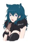  1girl akina_(akn_646) alternate_costume animal_ears blue_eyes blue_hair breasts byleth_(fire_emblem) byleth_(fire_emblem)_(female) cleavage fire_emblem fire_emblem:_three_houses highres medium_hair nail_polish open_mouth simple_background solo twitter_username upper_body white_background 