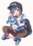  1boy :d backpack bag baseball_cap black_bag black_hat blue_footwear blush brown_pants commentary_request elio_(pokemon) full_body grey_eyes grey_hair hat holding holding_pokemon indian_style male_focus medium_hair mnmn0406 open_mouth pants partial_commentary pokemon pokemon_(creature) pokemon_sm popplio shirt shoes short_sleeves simple_background sitting smile striped_clothes striped_shirt t-shirt white_background 