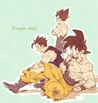  3boys :d abs amepati aqua_background arm_support bare_shoulders black_eyes black_hair boots chest closed_eyes copyright_name crossed_arms dirty dirty_clothes dirty_face dougi dragon_ball dragon_ball_z father_and_son finger_to_cheek frown full_body gloves grin leaning leaning_forward male_focus multiple_boys nervous nipples open_mouth outline pants serious shirt simple_background sitting smile son_gohan son_gokuu spiked_hair standing sweatdrop torn_clothes torn_pants torn_shirt vegeta white_gloves white_outline wristband 