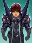  1boy armor blue_background brown_hair clenched_hand closed_mouth commentary gauntlets looking_at_viewer male_focus original rejean_dubois signature simple_background solo standing 