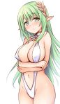  1girl arms_under_breasts bangs bare_arms bare_shoulders blush breast_hold breasts cameltoe character_request chestnut_mouth cleavage covered_nipples earrings elf eyebrows_visible_through_hair green_eyes green_hair groin hair_between_eyes head_tilt highres iris_mysteria! jewelry large_breasts looking_at_viewer navel parted_lips pointy_ears simple_background slingshot_swimsuit solo swimsuit white_background white_swimsuit yuu_(yumezakura) 