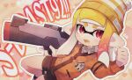  1girl artist_name beanie bike_shorts black_shorts blonde_hair blunt_bangs blush cardigan clenched_hand collared_shirt colored_tongue commentary_request dress_shirt fang gradient_hair hand_up hat highres holding holding_weapon inkling inkling_girl inkling_player_character long_hair long_sleeves multicolored_hair open_mouth orange_cardigan orange_hair outline plaid_clothes plaid_shirt pointy_ears pom_pom_(clothes) pom_pom_beanie red_eyes s-blast_(splatoon) sabata_saba shirt shorts solo splatoon_(series) splatoon_3 striped_hat tentacle_hair two-tone_hair v-shaped_eyebrows weapon weapon_name white_outline white_shirt yellow_hat yellow_tongue 
