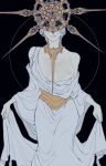  1girl absurdres bare_shoulders black_background breasts closed_mouth dark_souls_(series) dark_souls_i dark_sun_gwyndolin dress feet_out_of_frame genderswap genderswap_(mtf) grey_dress grey_hair highres large_breasts long_sleeves nipples off_shoulder shiny_skin short_hair spiked_helmet wide_sleeves zunkome 