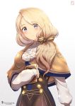  1girl blonde_hair blue_eyes blush book bow breasts chinchongcha closed_mouth cravat eyebrows_visible_through_hair eyes_visible_through_hair fire_emblem fire_emblem:_three_houses garreg_mach_monastery_uniform glint hair_bow hair_ribbon highres holding holding_book long_hair long_sleeves looking_at_viewer low_ponytail medium_breasts mercedes_von_martritz ribbon shawl signature simple_background sleeves_past_wrists sparkle striped striped_bow white_background white_neckwear 
