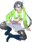  1girl abs amagiri_(kancolle) amagiri_(saury_festival)_(kancolle) barefoot black_footwear black_pantyhose boots burnt_clothes drew_(drew213g) fish glasses green_sweater grey_eyes grey_hair grey_shorts hair_between_eyes hood hooded_sweater kantai_collection long_hair official_alternate_costume official_art pantyhose rubber_boots sarashi shorts sitting solo sweater third-party_source torn_clothes torn_pantyhose transparent_background 