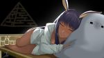  1girl absurdres animal_ears barefoot blush closed_eyes collarbone commentary_request dark_skin fate/grand_order fate_(series) highres jackal_ears long_hair lying medjed nightshirt nitocris_(fate/grand_order) on_side purple_hair pyramid sleeping smile solo taruneko thighs very_long_hair 