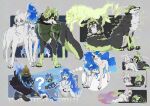  animal animal_focus animalization armor blue_eyes blue_hair clothed_animal commentary_request cub electricity electrokinesis fiery_hair green_eyes green_hair grey_background highres idia_shroud long_hair multiple_views no_humans ortho_shroud raccoonlot sebek_zigvolt short_hair silver_(twisted_wonderland) twisted_wonderland wolf 