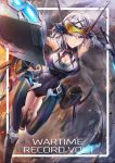  1girl ahoge armor bangs black_legwear blue_eyes breasts cleavage cleavage_cutout cover cover_page dual_wielding explosion expressionless eyewear_on_head gloves goggles headgear highres holding holding_shield holding_sword holding_weapon large_breasts leotard looking_at_viewer mecha_musume mechanical_tail morichika_shuuto original purple_leotard running shield short_hair sidelocks silver_hair sleeveless solo sword tail tinted_eyewear weapon wind 