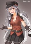  1girl anti_(untea9) belt black_gloves black_skirt blush breasts brown_eyes cleavage eyebrows_visible_through_hair facial_scar gangut_(kantai_collection) gloves gradient gradient_background grey_background grey_hair hair_between_eyes hair_ornament hairclip hat highres jacket jacket_on_shoulders kantai_collection large_breasts long_hair long_sleeves looking_at_viewer military military_hat military_jacket open_mouth peaked_cap red_shirt remodel_(kantai_collection) scar scar_on_cheek shirt short_sleeves skirt solo white_jacket 