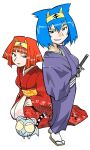  2girls amu_ru animal_ear_headphones animal_ears aqua_hair benga_ru black_outline black_tail blue_kimono blue_sleeves blunt_bangs blunt_ends bob_cut breasts brown_eyes closed_mouth colored_sclera cub fake_animal_ears floral_print_sash full_body furisode grey_fur grey_sash grey_tail grin han&#039;eri hand_in_clothes hand_on_lap headband headphones japanese_clothes katana kimono large_breasts lipstick long_sleeves looking_at_viewer makeup mature_female mukku_(mook-tv) multiple_girls no_pupils obi obiage official_art orange_hair orange_sash outline parted_hair red_kimono red_lips red_sleeves sandals sash second-party_source shiro_kotora siblings simple_background sisters sitting smile socks spiked_hair standing straight_hair striped_fur striped_tail sword tabi tail tiger tiger_ears tora_da_yo. toranoana triple_horizontal_stripe two-tone_sash weapon white_background white_sash white_socks wide_sleeves yellow_headband yellow_sclera zouri 
