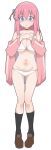  1girl bikini blue_eyes blush bocchi_the_rock! bra breasts choker cleavage collarbone full_body gotoh_hitori highres jacket long_hair looking_at_viewer navel panties pink_hair pink_jacket s10021 simple_background solo standing swimsuit underwear white_background white_bikini white_bra white_panties 
