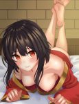  1girl absurdres ass bangs bare_shoulders barefoot black_hair blush bottomless breasts closed_mouth collarbone dress face feet feet_up highres kono_subarashii_sekai_ni_shukufuku_wo! laikass legs long_sleeves looking_at_viewer lying medium_breasts megumin nipples off_shoulder on_bed on_stomach red_dress red_eyes short_dress short_hair_with_long_locks smile soles solo 