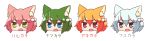  4girls 7th_dragon 7th_dragon_(series) :d alternate_eye_color alternate_hair_color animal_ear_fluff animal_ears bangs blue_eyes blush brown_eyes cat_ears eyebrows_visible_through_hair fang green_eyes green_hair hair_between_eyes hair_bobbles hair_ornament harukara_(7th_dragon) head_only highres multiple_girls naga_u one_side_up open_mouth orange_hair pink_hair purple_eyes silver_hair simple_background smile translated white_background 