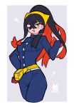  1girl belt black_hair blue_gakuran blueberry_academy_school_uniform breasts carmine_(pokemon) colored_inner_hair cowboy_shot cropped_legs crossed_bangs fanny_pack gloves hacco_mayu hair_between_eyes hairband hand_on_own_hip hand_up high_collar high_ponytail highres long_eyelashes long_hair long_sleeves looking_at_viewer medium_breasts mole mole_under_eye multicolored_hair one_eye_closed open_mouth pokemon pokemon_sv red_gloves red_hair school_uniform single_glove slit_pupils smile solo two-tone_hair white_belt yellow_bag yellow_eyes yellow_hairband 