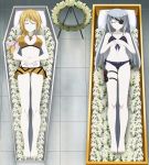  2girls absurdres bandolier bikini black_bikini blonde_hair charlotte_dunois closed_eyes coffin corpse eyepatch feet flower frilled_bikini frills funeral hair_ribbon highres huge_filesize infinite_stratos jewelry laura_bodewig lazy_tiger long_hair multiple_girls necklace pale_skin ponytail ribbon silver_hair swimsuit yellow_bikini 