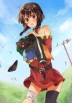  1 1girl absurdres bandaged_leg bandages bangs bare_shoulders belt black_headwear black_panties blue_sky blush brown_belt brown_hair chomusuke dress eyebrows_visible_through_hair grass highres kono_subarashii_sekai_ni_shukufuku_wo! megumin open_mouth outdoors panties red_dress red_eyes short_hair_with_long_locks skirt sky smile solo underwear wind yuno_(suke_yuno) 