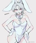 1girl alternate_costume animal_ears bare_shoulders blush breasts cowboy_shot dark_souls_(series) dark_souls_i dark_sun_gwyndolin detached_collar fake_animal_ears grey_hair highres large_breasts leotard necktie parted_bangs pink_eyes playboy_bunny rabbit_ears shiny_skin short_hair solo standing teeth thighhighs translation_request white_leotard white_necktie white_thighhighs zunkome 