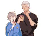  2boys alternate_costume ashe_ubert black_shirt blue_eyes bubble_tea closed_eyes contemporary cowboy_shot dedue_molinaro drinking drinking_straw earrings eyebrows_visible_through_hair fire_emblem fire_emblem:_three_houses freckles guiyuy hand_to_own_mouth hood hoodie jewelry long_sleeves male_focus multiple_boys shirt short_hair short_sleeves silver_hair simple_background smile white_background 