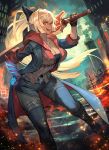  1girl :d animal_costume bangs black_footwear black_gloves blonde_hair blue_pants boots bow breasts city cleavage cloud cloudy_sky coat collarbone cosplay dark_skin devil_bringer devil_may_cry devil_may_cry_4 elf finger_on_trigger fingerless_gloves fire floating_hair gloves hair_bow hand_on_hip highres holding holding_sword holding_weapon hololive hood hood_down hooded_jacket jacket kintsuba_(flare_channel) knee_boots lack large_breasts light_particles long_hair looking_at_viewer nero_(devil_may_cry) nero_(devil_may_cry)_(cosplay) open_clothes open_coat open_mouth panda_costume pants pointy_ears ponytail red_eyes red_queen_(sword) shiranui_flare sidelocks sky smile sword virtual_youtuber weapon 