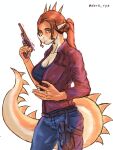 2024 3:4 5_fingers alternate_costume anthro aquilops artist_name big_breasts biped black_clothing black_shirt black_topwear bottomwear breasts brown_hair capcom ceratopsian claire_redfield clothed clothed_anthro clothed_female clothing colored cosplay costume dark_rya denim denim_bottomwear denim_clothing dinosaur eyebrows female fingers goodbye_volcano_high gun hair hi_res holding_gun holding_object holding_ranged_weapon holding_weapon horn humanoid_hands jacket jeans long_hair long_tail looking_at_viewer multicolored_body multicolored_scales non-mammal_breasts orange_body orange_scales ornithischian pants portrait prehistoric_species ranged_weapon red_clothing red_eyes red_jacket red_topwear reptile resident_evil rosa_(gvh) scales scalie shirt simple_background smile solo spiked_tail spikes spikes_(anatomy) standing tail tan_body tan_scales three-quarter_portrait three-quarter_view topwear two_tone_body two_tone_scales weapon white_background