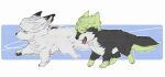  animal animal_focus animalization blue_background closed_eyes commentary_request cub full_body highres no_humans raccoonlot sebek_zigvolt silver_(twisted_wonderland) twisted_wonderland walking wind wolf 
