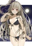  1girl ass_visible_through_thighs bare_arms bare_shoulders bikini black_bikini breasts breasts_apart commentary_request cowboy_shot front-tie_bikini front-tie_top full_moon grey_hair hair_ribbon halter_top halterneck highres kakao_rantan long_hair looking_at_viewer medium_breasts moon navel one_side_up original parted_lips red_eyes ribbon side-tie_bikini solo stomach strap_pull swimsuit very_long_hair 