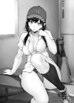  1girl arm_support bangs baseball_bat baseball_cap bench blush breasts collarbone collared_shirt eyebrows_visible_through_hair gentsuki greyscale hand_up hat highres indoors knee_up kneehighs large_breasts locker locker_room long_hair low_twintails monochrome original panties parted_lips partially_unbuttoned shirt shoes short_sleeves sidelocks sitting sneakers solo twintails underwear window 