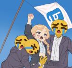  1girl 2024_attempted_assassination_of_donald_trump 3boys baraag black_skirt black_suit blood blood_on_face blue_background blue_eyes blue_sky braid brown_hair buttons clenched_hand collared_shirt crying crying_emoji emoji flag highres holding holding_flag linnea_(baraag) long_hair long_sleeves meme multiple_boys navel open_mouth shirt simple_background skirt sky standing suit twin_braids uohhhhhhhhh!_(meme) white_shirt yokappa_(jokappa) 