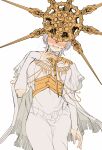  1boy absurdres blush clenched_teeth cowboy_shot dark_souls_(series) dark_souls_i dark_sun_gwyndolin dress gold_headwear gold_helmet grey_dress grey_sleeves highres long_sleeves male_focus otoko_no_ko simple_background solo spiked_helmet sweat teeth white_background zunkome 