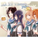  4girls :d ^_^ bag black_hair blue_eyes blue_hair brown_hair closed_eyes dated food hair_ribbon headband hibike!_euphonium kasaki_nozomi light_brown_hair multiple_girls nakagawa_natsuki open_mouth pancake ponytail profile ribbon smile spoken_food thank_you yoroizuka_mizore yoshikawa_yuuko yuuyu_(777) 