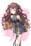 1girl anya_melfissa anya_melfissa_(1st_costume) arms_behind_back black_dress breasts brown_hair commentary crossed_legs detached_sleeves dress earrings highres hololive hololive_indonesia jewelry long_hair looking_at_viewer pink_background purple_eyes sleeveless sleeveless_dress small_breasts smile tsurime two_side_up vakuuberi very_long_hair virtual_youtuber wavy_hair 