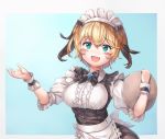  1girl :d apron blonde_hair blush_stickers bow bowtie breasts fang fate/grand_order fate_(series) gareth_(fate/grand_order) green_eyes jiang_shennong maid maid_apron maid_headdress medium_breasts open_mouth smile tray wrist_cuffs 