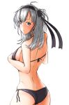  1girl ass bikini black_bikini black_headband breasts clothes_writing cowboy_shot from_behind grey_eyes hair_ornament headband highres kantai_collection long_hair looking_at_viewer looking_back medium_breasts monsieur_takezaki one_side_up side-tie_bikini sideboob silver_hair simple_background solo standing suzutsuki_(kantai_collection) swimsuit white_background 