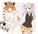  2girls :3 ? animal_ear_fluff animal_ears animal_print bangs bare_shoulders black_eyes black_hair bow bow_panties breasts brown_vest collarbone cosplay costume_switch dnsdltkfkd eyebrows_visible_through_hair fang garter_straps gradient_hair grey_background hair_ribbon highres kemono_friends large_breasts long_hair long_sleeves looking_at_viewer low_twintails mexico_salamander_(kemono_friends) mexico_salamander_(kemono_friends)_(cosplay) multicolored_hair multiple_girls navel necktie orange_hair panties parted_lips plaid plaid_neckwear plaid_ribbon plaid_skirt pleated_skirt ribbon see-through shirt siberian_tiger_(kemono_friends) siberian_tiger_(kemono_friends)_(cosplay) simple_background skirt smile tail thighhighs tiger_ears tiger_print tiger_tail tress_ribbon twintails underwear vest white_hair white_panties white_shirt wing_collar yellow_eyes yellow_neckwear yellow_ribbon yellow_skirt 