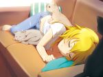  1girl ahoge blonde_hair cat commentary_request couch denim hair_between_eyes highres hoshii_miki idolmaster idolmaster_(classic) jeans long_hair lying neji_(nezi_hs) on_couch on_side pants shirt sleeping smile solo white_shirt 