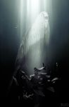  1boy 1girl air_bubble amemidori asphyxiation black_hair bubble dark dress drowning floating_hair light_rays long_hair monster scp_foundation short_hair underwater water whale white_dress 