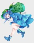  1girl :d artist_name backpack bag bangs blue_eyes blue_footwear blue_hair blue_jacket blue_skirt boots cabbie_hat chikuwa_savi commentary green_backpack green_headwear grey_background hair_between_eyes hair_bobbles hair_ornament hat jacket kawashiro_nitori key legs long_sleeves looking_at_viewer miniskirt open_mouth pocket rubber_boots short_hair simple_background skirt skirt_set smile solo touhou twitter_username two_side_up 