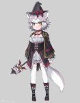  1girl alternate_costume animal_ears black_capelet black_footwear black_headwear blue_eyes boots bow capelet collar commentary dog_(mixed_breed)_(kemono_friends) dog_ears dog_tail dress eyebrows_visible_through_hair frilled_dress frilled_sleeves frills full_body grey_hair hat hat_bow heterochromia kemono_friends long_sleeves multicolored_hair neck_ribbon nyifu red_collar ribbon short_hair solo tail thighhighs wand white_dress white_hair white_legwear witch_costume witch_hat yellow_eyes zettai_ryouiki 